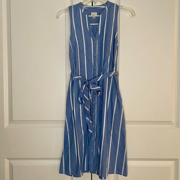 a new day Women's Sleeveless Belted Button Up Dress w/ Pockets (XS, Blue/White) - Picture 1 of 3